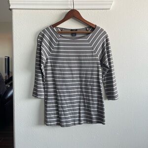 Ann Taylor Taupe & White Striped 3/4 Sleeve Top